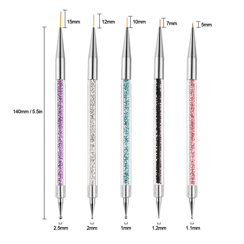 AIBEE Nail Art Brushes, 5pcs Double-Ended Acrylic Nail Brush Set with 5/7/10/12/15mm Nail Liner Brushes and Dotting Pens for French Nails - Image 5
